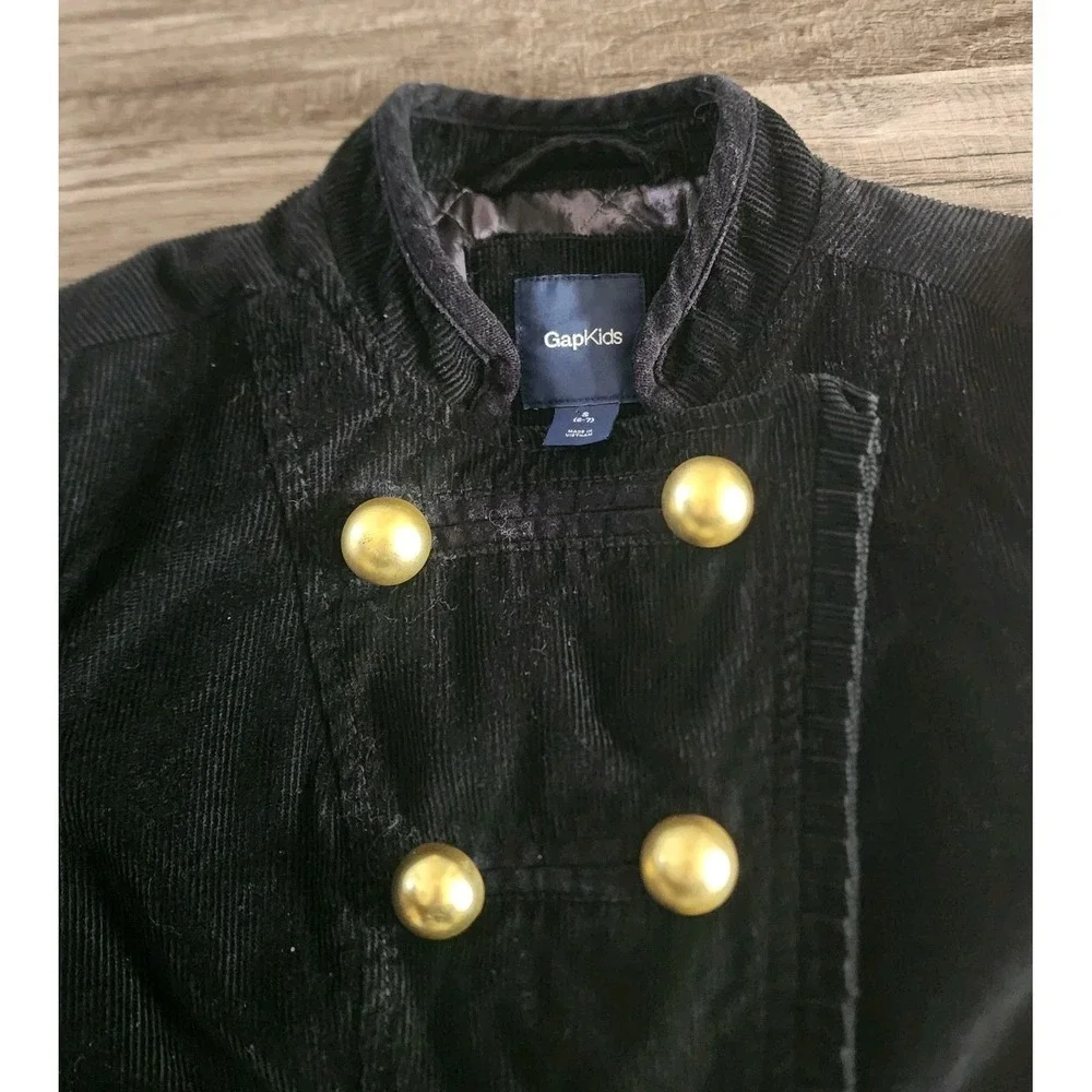GAP KIDS JACKET GIRLS SMALL 5 TO 6 BLACK CORDUROY DOUBLE BREASTED GOLD BUTTONS